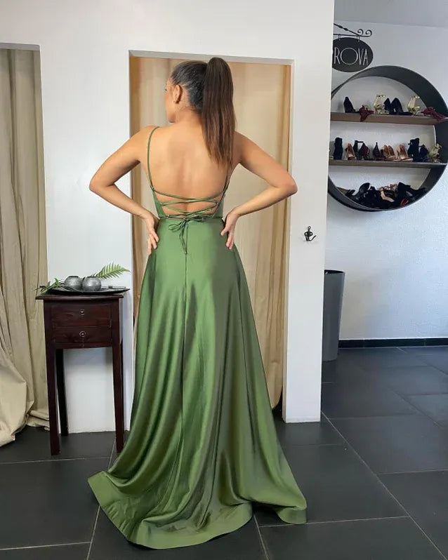 Square Neck Spaghetti Strap Pocketed Olive Floor-Length Prom Dress