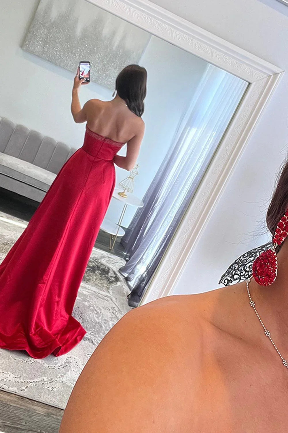 Red Strapless Bow Floor-Length Prom Dress