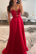 Red Strapless Bow Floor-Length Prom Dress