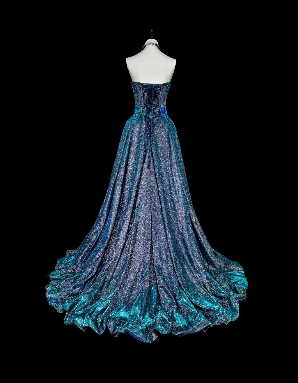 Blue Strapless Glitter Teal Maxi Prom Dress