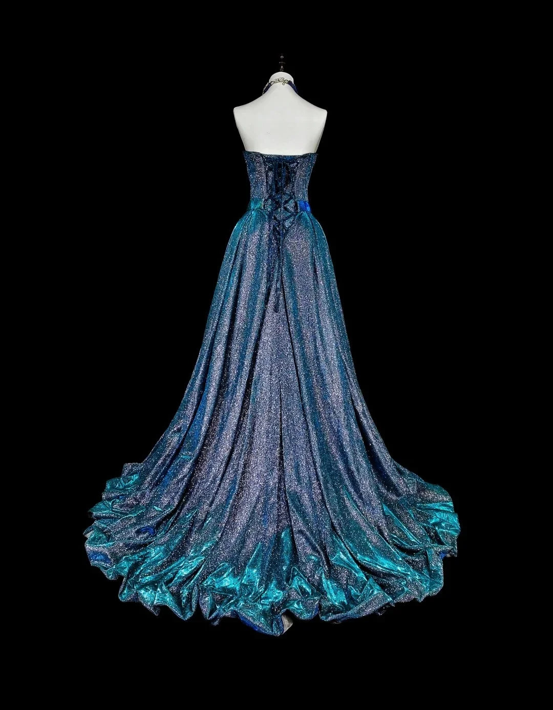 Blue Strapless Glitter Teal Maxi Prom Dress