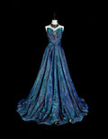 Blue Strapless Glitter Teal Maxi Prom Dress