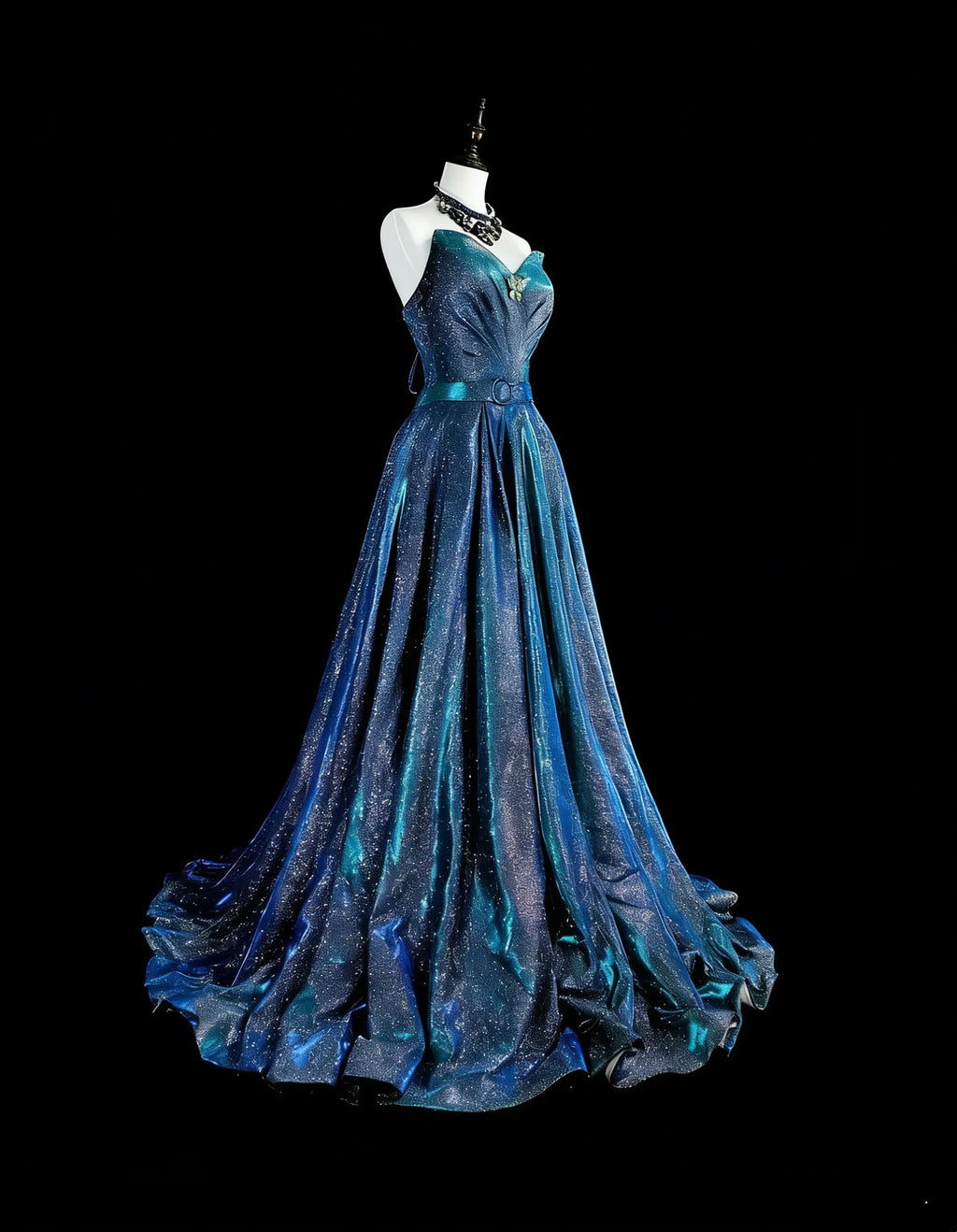 Blue Strapless Glitter Teal Maxi Prom Dress