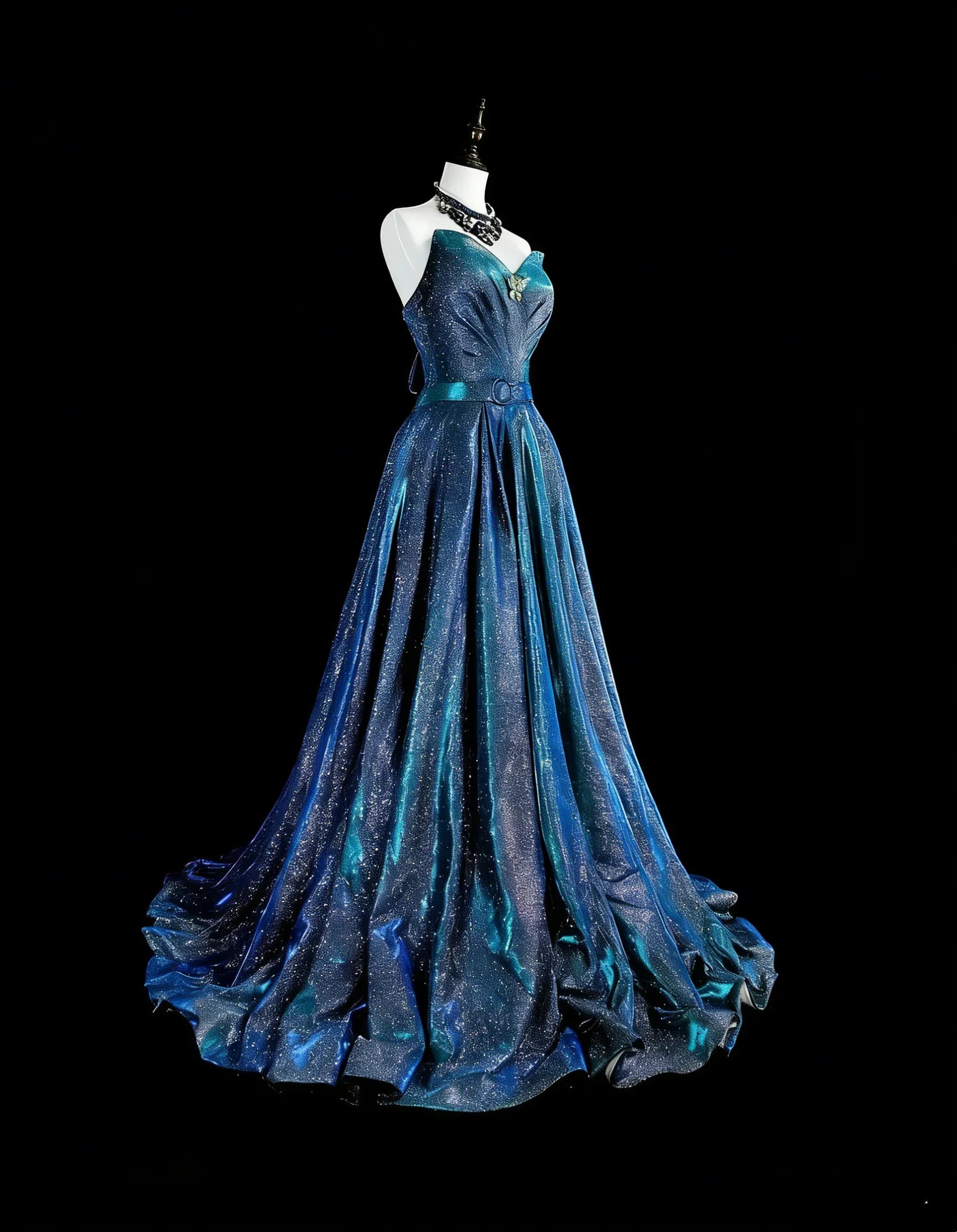 Blue Strapless Glitter Teal Maxi Prom Dress