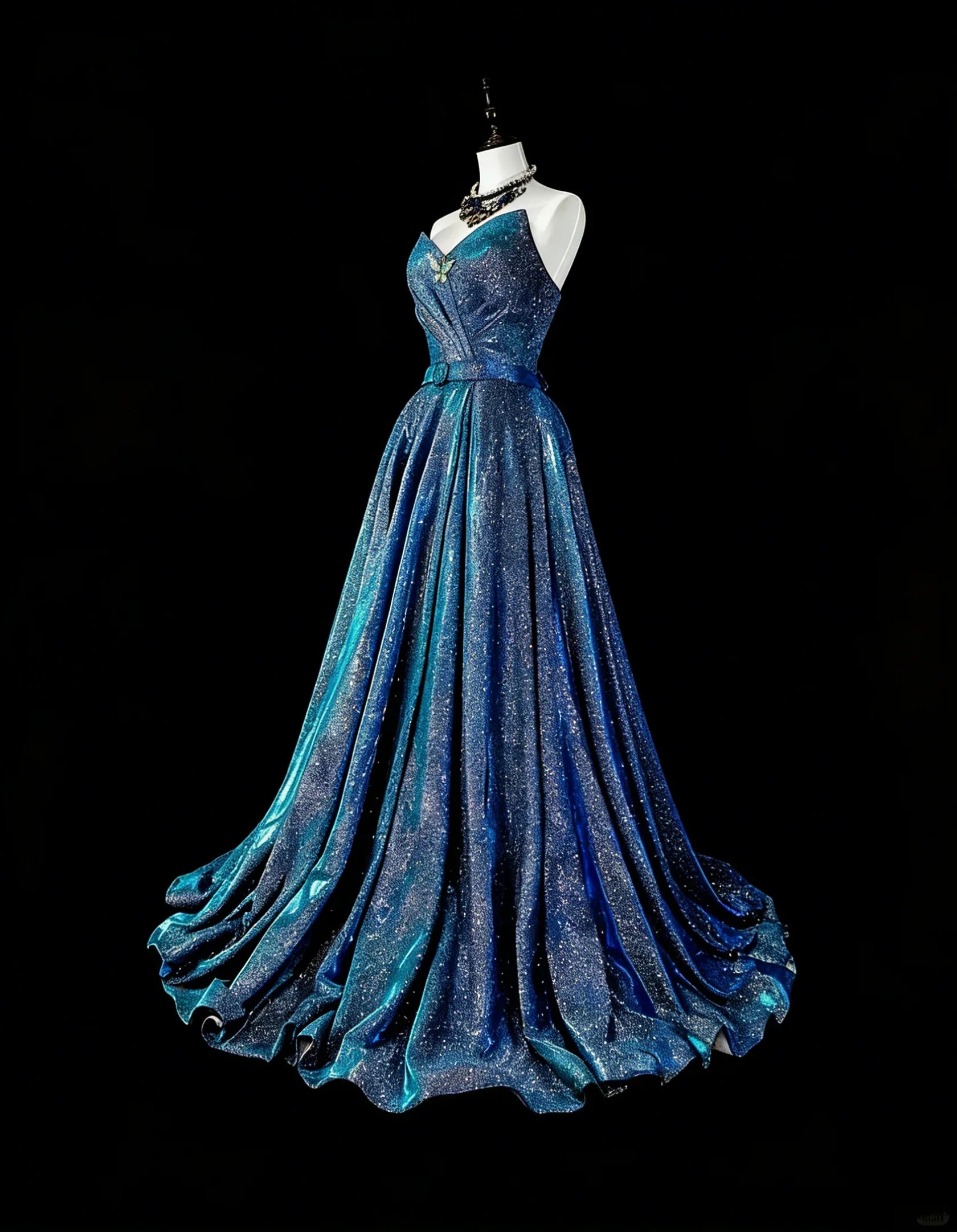 Blue Strapless Glitter Teal Maxi Prom Dress