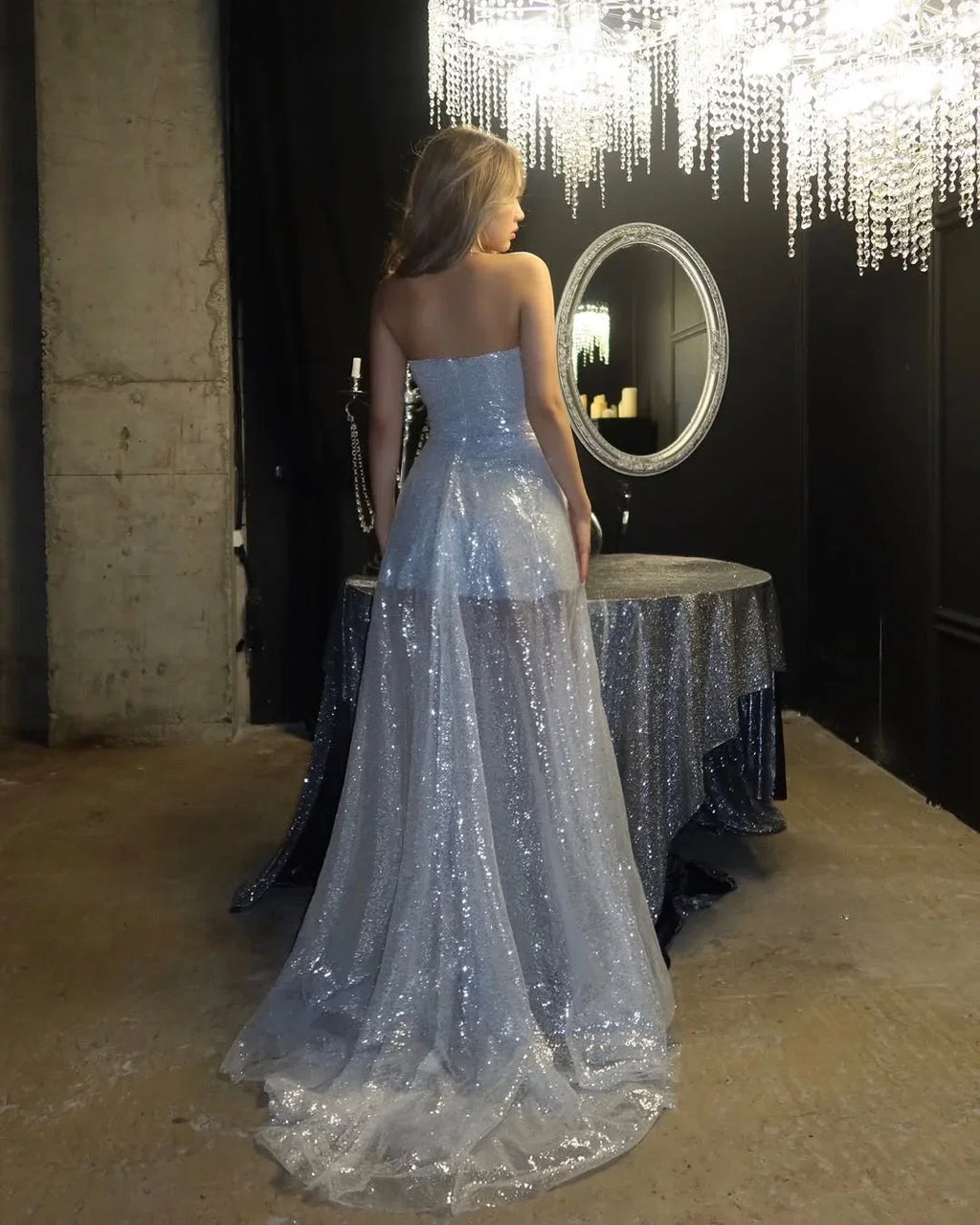 Silver Strapless Sleeveless Maxi Prom Dress