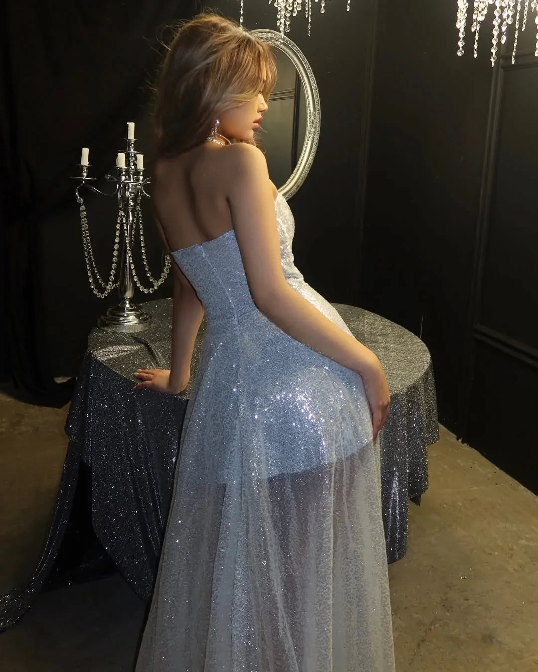 Silver Strapless Sleeveless Maxi Prom Dress