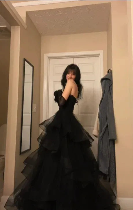Black Strapless Tiered Ruffle Floor-Length Prom Dress Buy