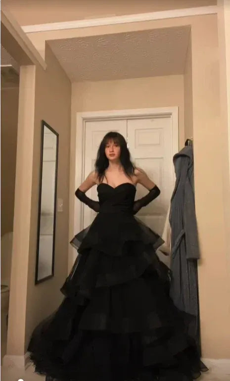 Black Strapless Tiered Ruffle Floor-Length Prom Dress Buy