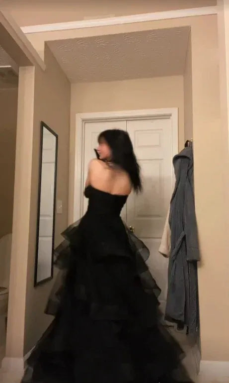 Black Strapless Tiered Ruffle Floor-Length Prom Dress Buy