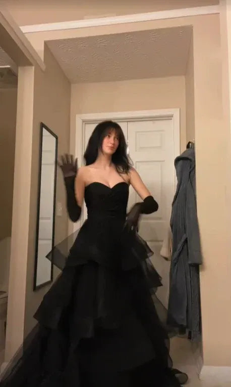 Black Strapless Tiered Ruffle Floor-Length Prom Dress Buy