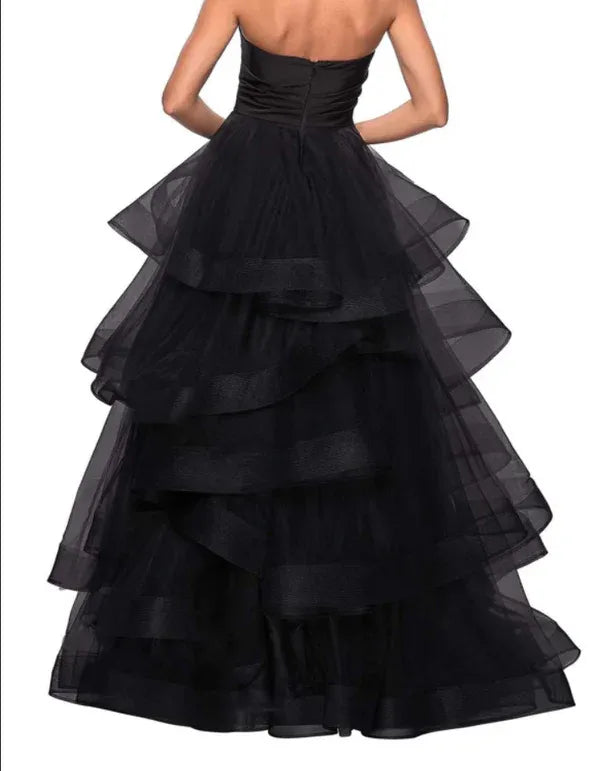 Black Strapless Tiered Ruffle Floor-Length Prom Dress Buy