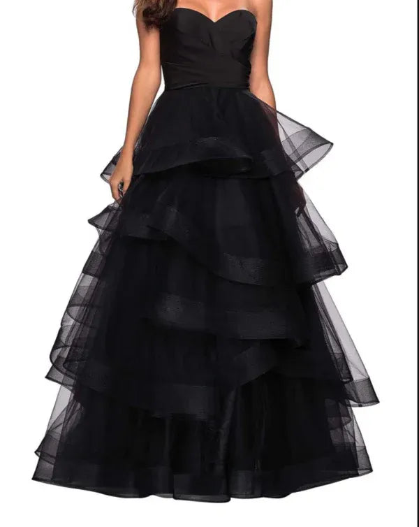 Black Strapless Tiered Ruffle Floor-Length Prom Dress Buy