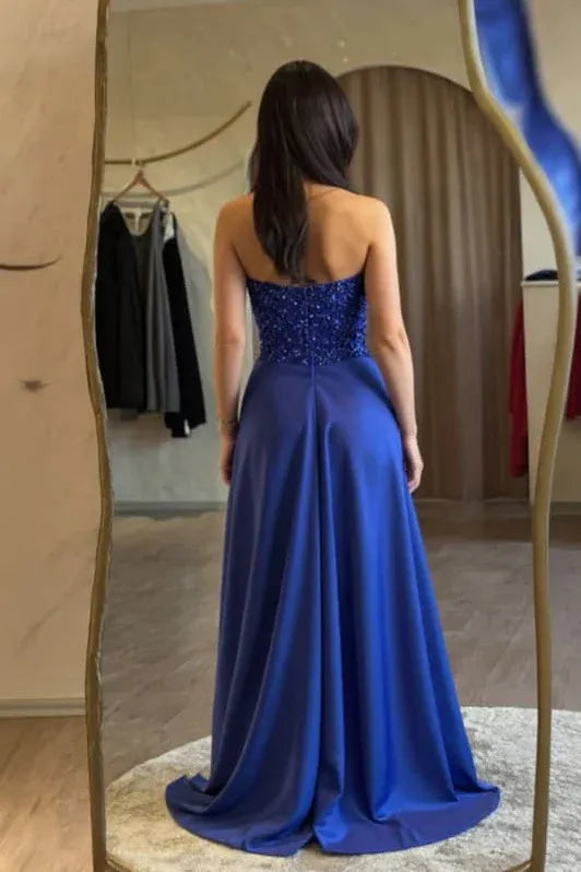 Blue Sweetheart Neck Sleeveless Beaded Royal Maxi Prom Dress