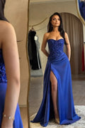 Blue Sweetheart Neck Sleeveless Beaded Royal Maxi Prom Dress