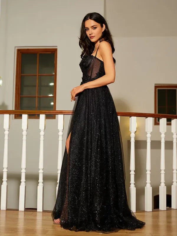 Sweetheart Neck Spaghetti Strap Back Zip Floor-Length Prom Dresses with Slit
