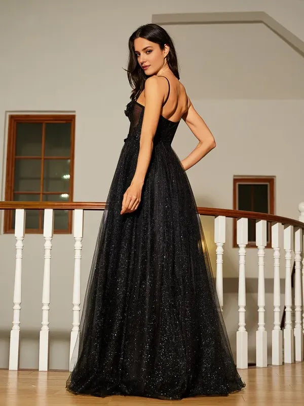 Sweetheart Neck Spaghetti Strap Back Zip Floor-Length Prom Dresses with Slit