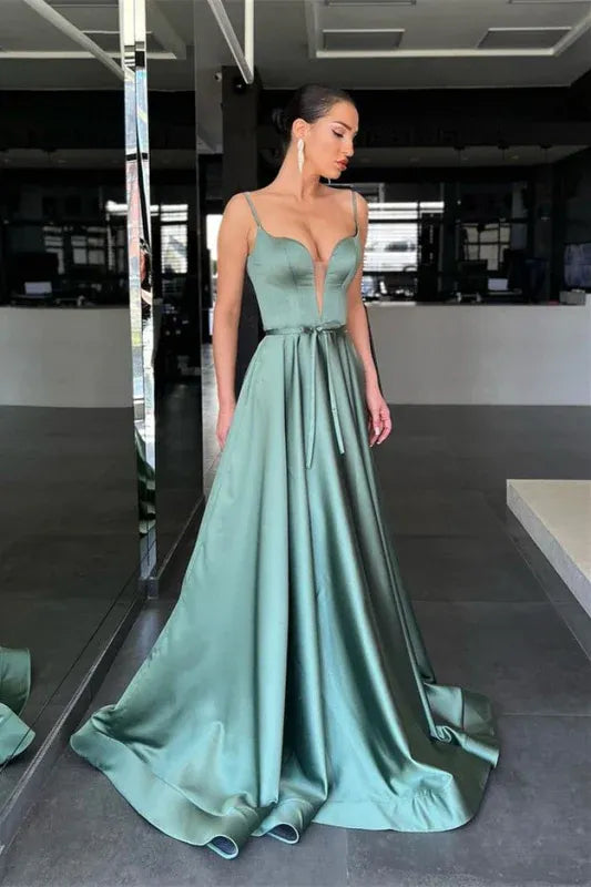 Sweetheart Spaghetti Strap Belted Sage Floor-Length Prom Dress