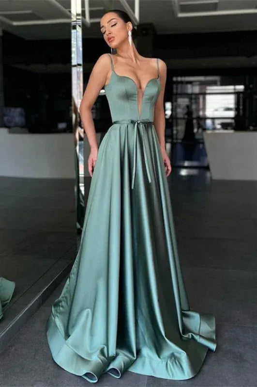 Sweetheart Spaghetti Strap Belted Sage Floor-Length Prom Dress