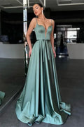 Sweetheart Spaghetti Strap Belted Sage Floor-Length Prom Dress