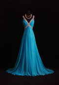 V-Neck Beaded Turquoise Maxi Prom Dress
