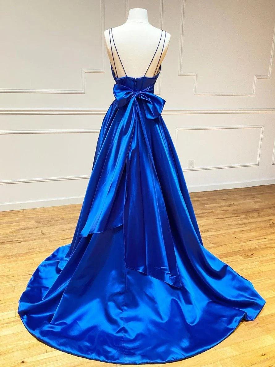Blue V-Neck Bowed Royal Floor-Length Evening Dress