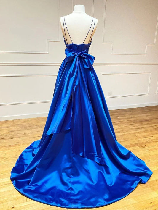 Glamorous Royal-Blue A-Line V-Neck Classic-Sleeve Classic-Back Floor-Length Evening Dress