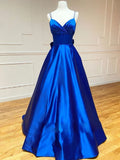Blue V-Neck Bowed Royal Floor-Length Evening Dress