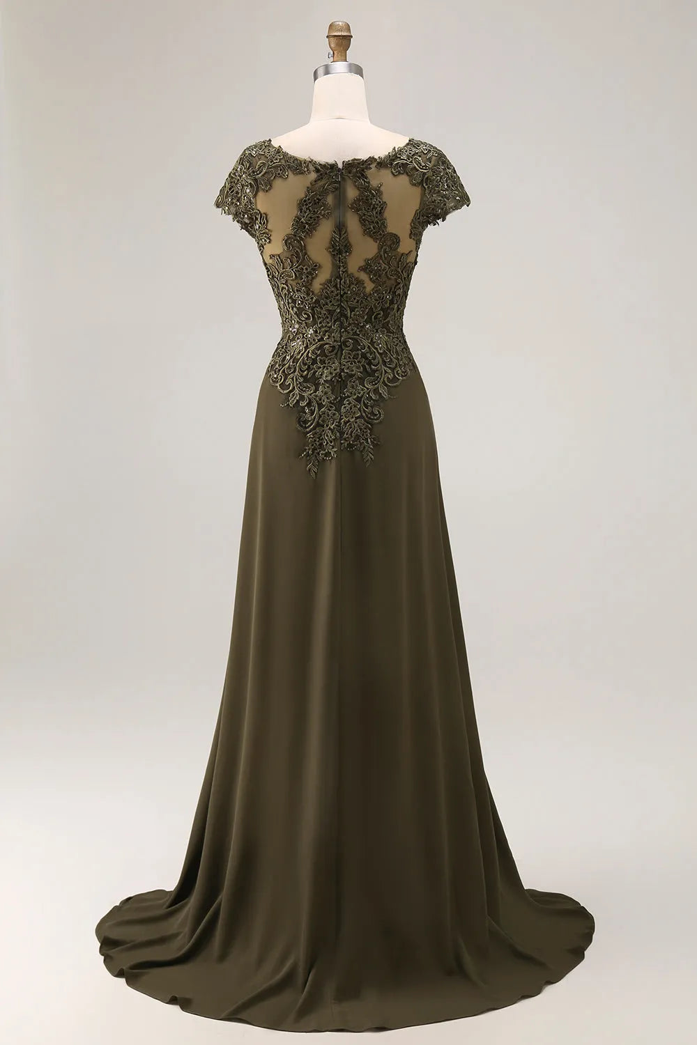 V-Neck Cap Sleeve Back Back Zip Train Mother of the Bride Dresses