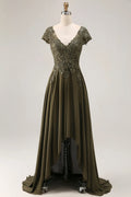 V-Neck Cap Sleeve Back Back Zip Train Mother of the Bride Dresses