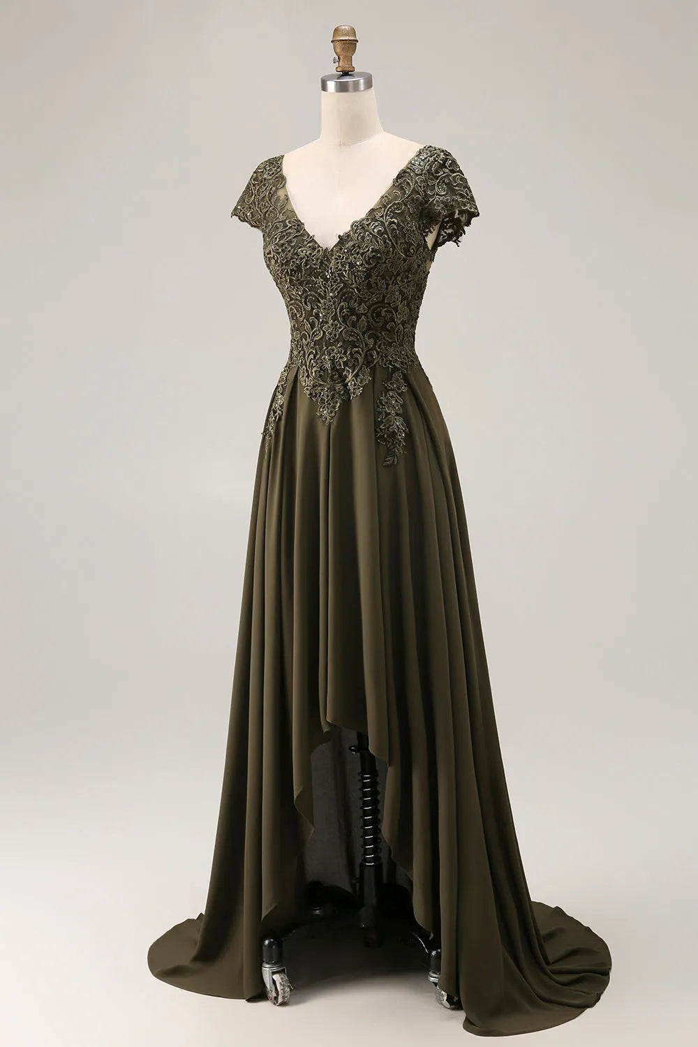 V-Neck Cap Sleeve Back Back Zip Train Mother of the Bride Dresses