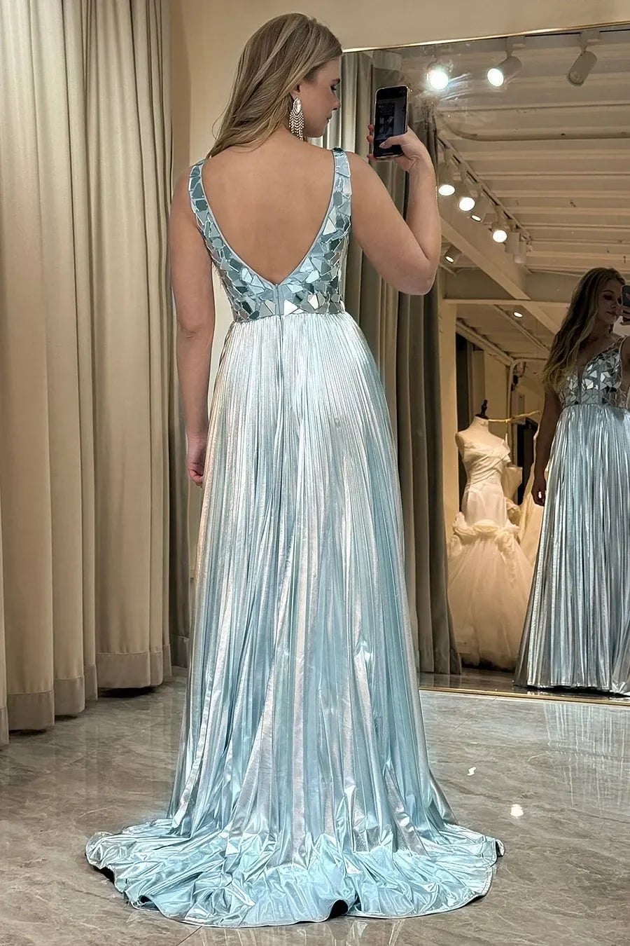 Silver V-Neck Mirror-Embellished Prom Dress