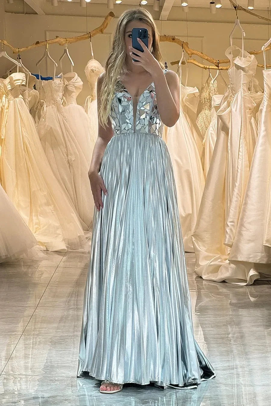 Silver V-Neck Mirror-Embellished Prom Dress