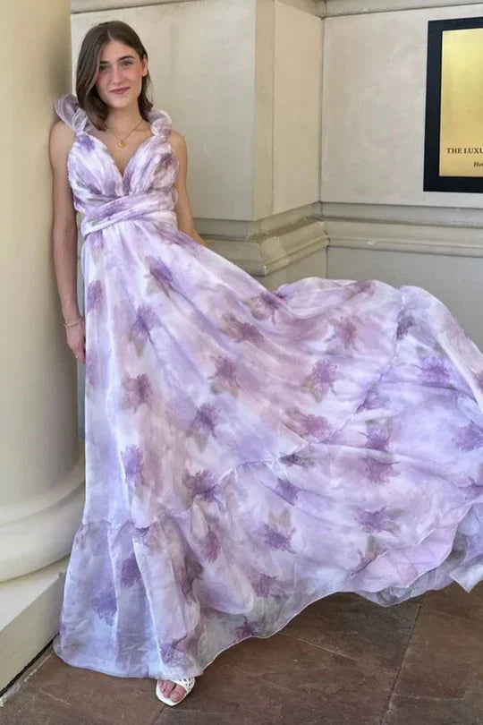 Lavender V-Neck Ruffled Floor-Length Evening Dress