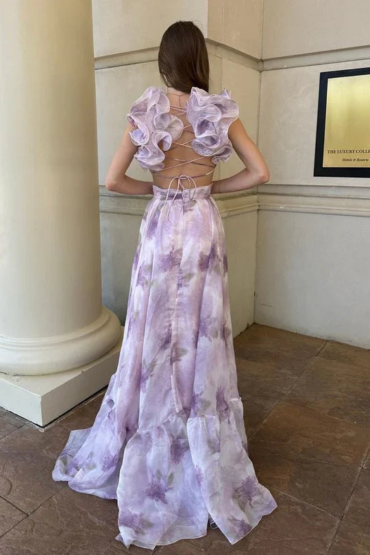 Lavender V-Neck Ruffled Floor-Length Evening Dress