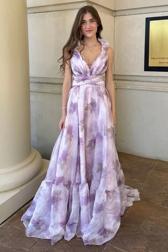 Lavender V-Neck Ruffled Floor-Length Evening Dress