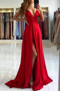 Red V-Neck Spaghetti Strap Maxi Prom Dress