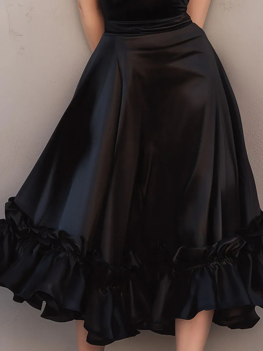 Black V-Neck Spaghetti Straps Ruffle Midi Prom Dresses