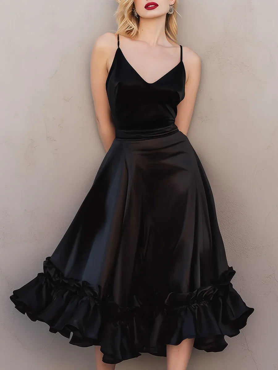 Black V-Neck Spaghetti Straps Ruffle Midi Prom Dresses