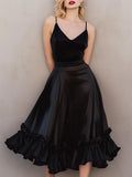 Black V-Neck Spaghetti Straps Ruffle Midi Prom Dresses