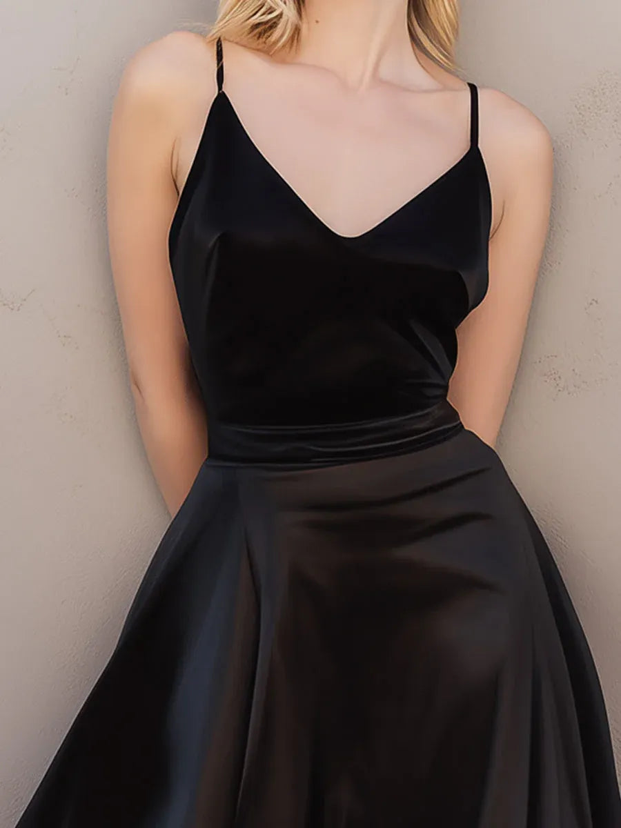 Black V-Neck Spaghetti Straps Ruffle Midi Prom Dresses
