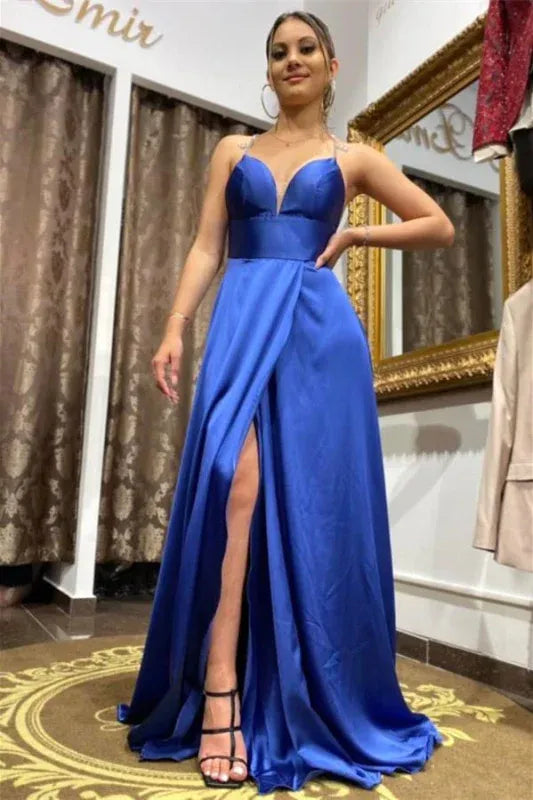 Blue Spaghetti Beaded Royal Slit Prom Dress