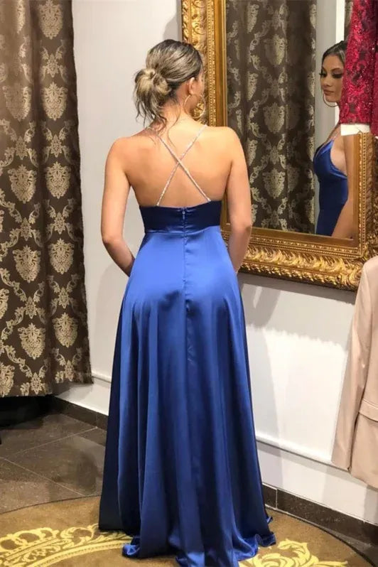 Blue Spaghetti Beaded Royal Slit Prom Dress