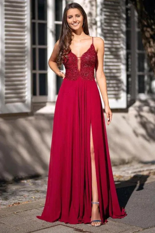 Red Spaghetti Straps Beaded Slit Prom Dress Custom
