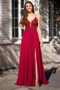 Red Spaghetti Straps Beaded Slit Prom Dress Custom