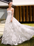 Strapless Sleeveless Floral-Appliques Open-Back Back Zip Sweep/Brush Train Wedding Dress