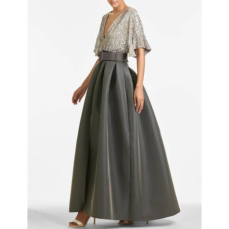 V-neck Flutter-sleeved Gunmetal Maxi Prom Dress for Women Custom