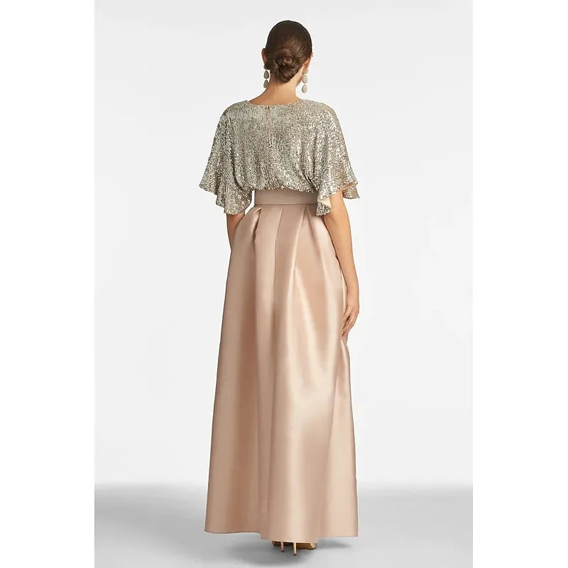 V-neck Flutter-sleeved Gunmetal Maxi Prom Dress for Women Custom