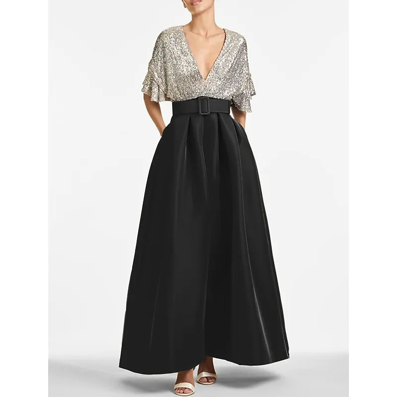 V-neck Flutter-sleeved Gunmetal Maxi Prom Dress for Women Custom