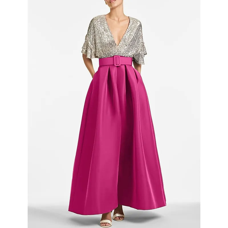 V-neck Flutter-sleeved Gunmetal Maxi Prom Dress for Women Custom
